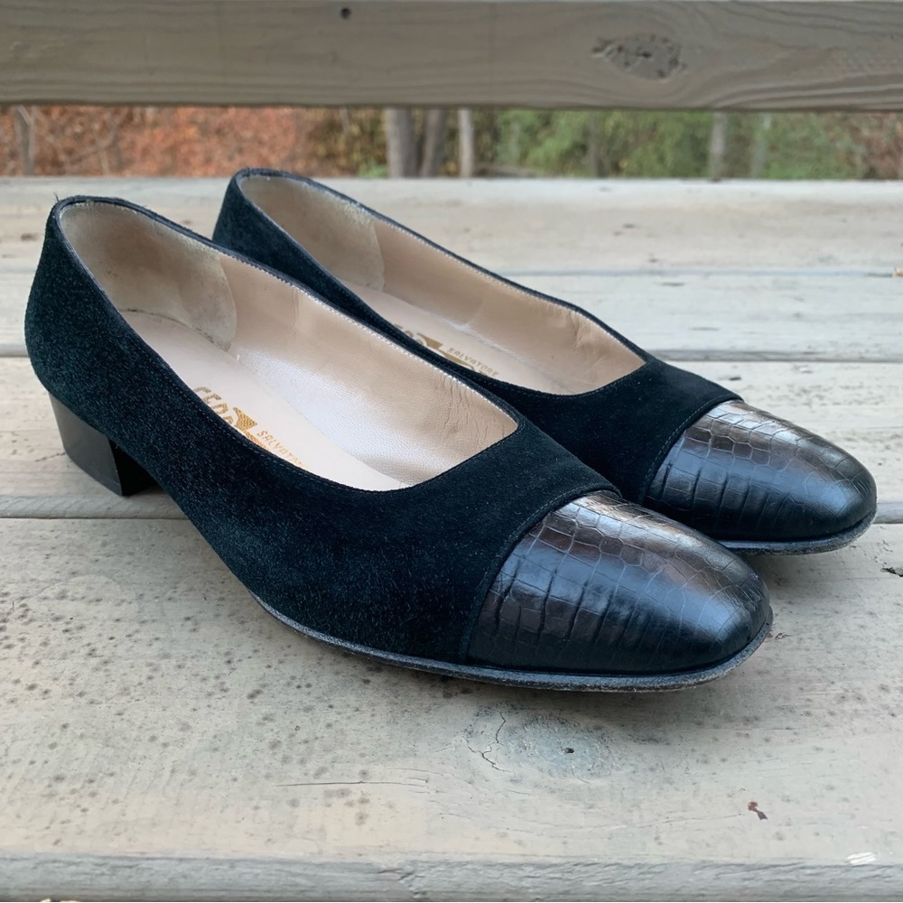 Salvatore Ferragamo black embossed leather cap toe and suede shoes size 7.5 B - Picture 3 of 15